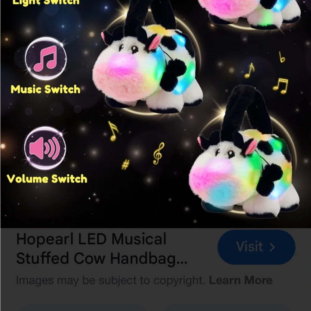HOPEARL MUSICAL GLOW IN THE DARK LIGHT UP COW PLUSH HANDBAG STUFFED ANIMAL
